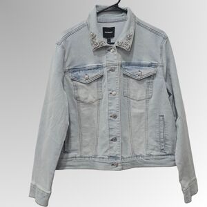 Express Light Blue Denim Jacket with Embellished Collar